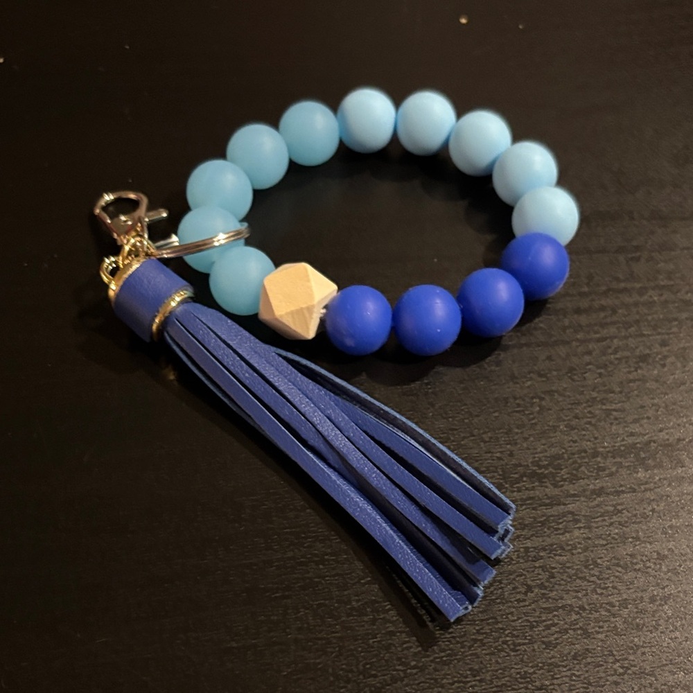Blue Beaded Keychain Bracelet with Tassel